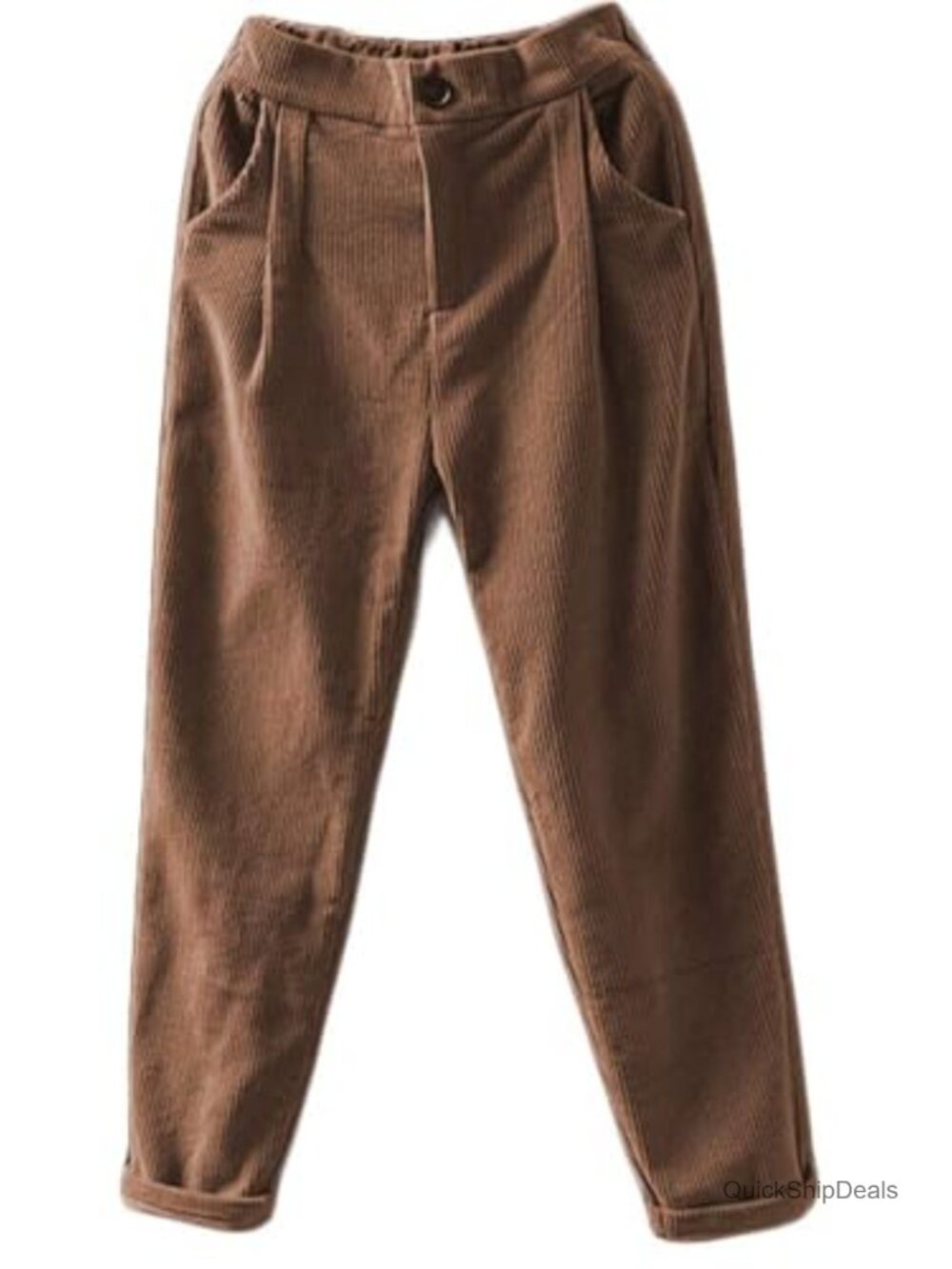 Cropped Corduroy Straight Leg Trousers Elastic High Rise Pleated Pockets
